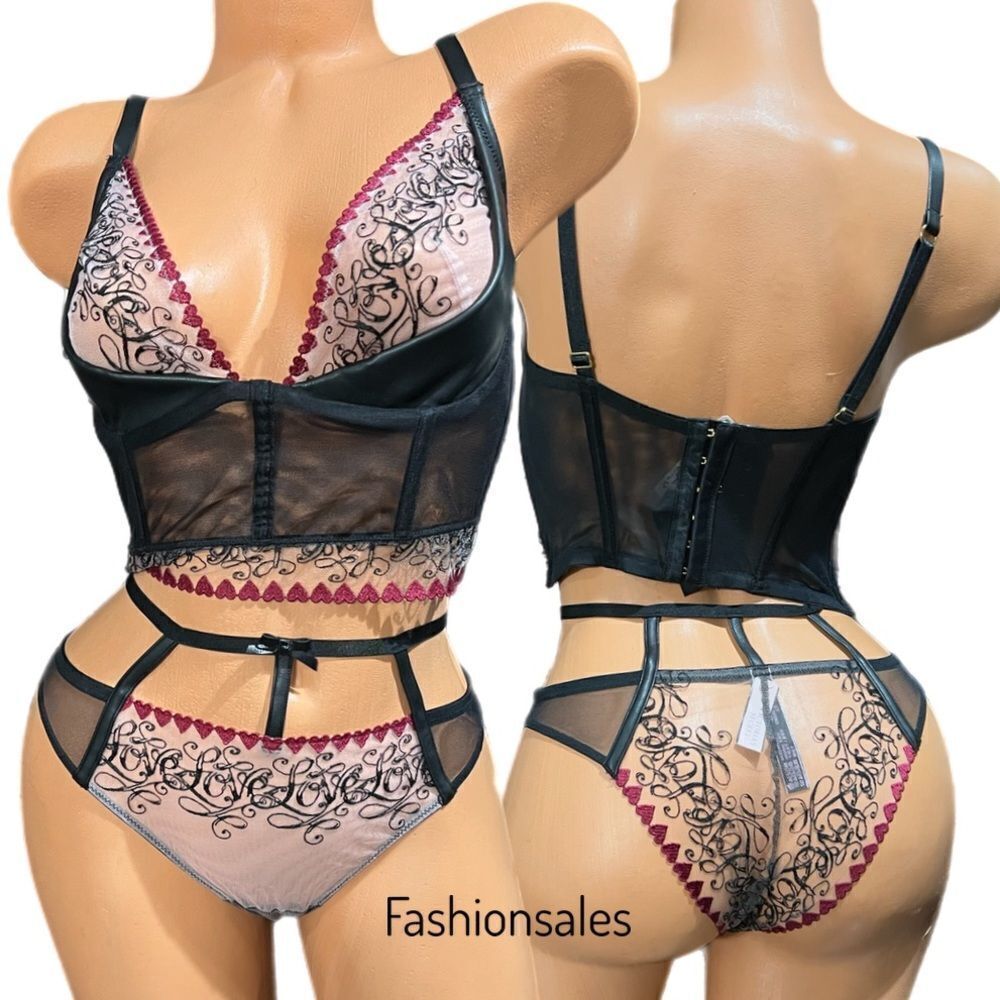Victorias Secret Very Sexy Set Heart Embroid Mesh faux leather corset bra panty